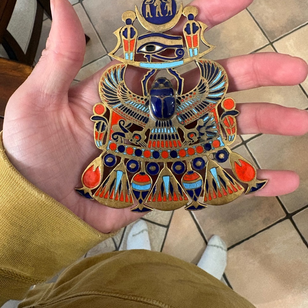 Egyptian Scarab Winged Pendant Necklace - Blue, Red & Gold